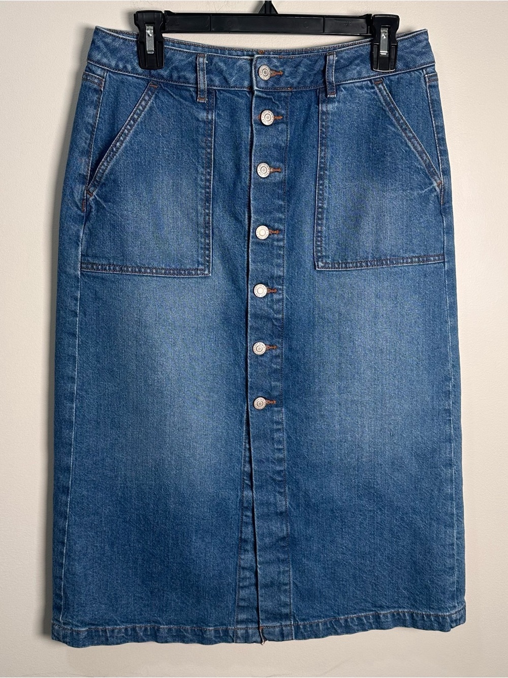 Ann Taylor Loft Denim Skirt Midi Button Front Women’s Western Size 4 Blue